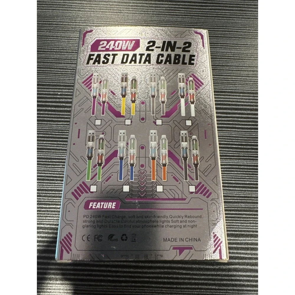 240W Fast Charging Data Cable USB-C USB-A to Lightning Purple 4ft 2-in-2